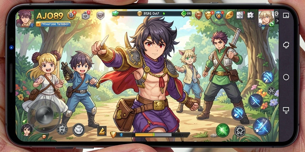 Screenshot utama AJO89 menampilkan karakter anime dalam pertarungan seru.