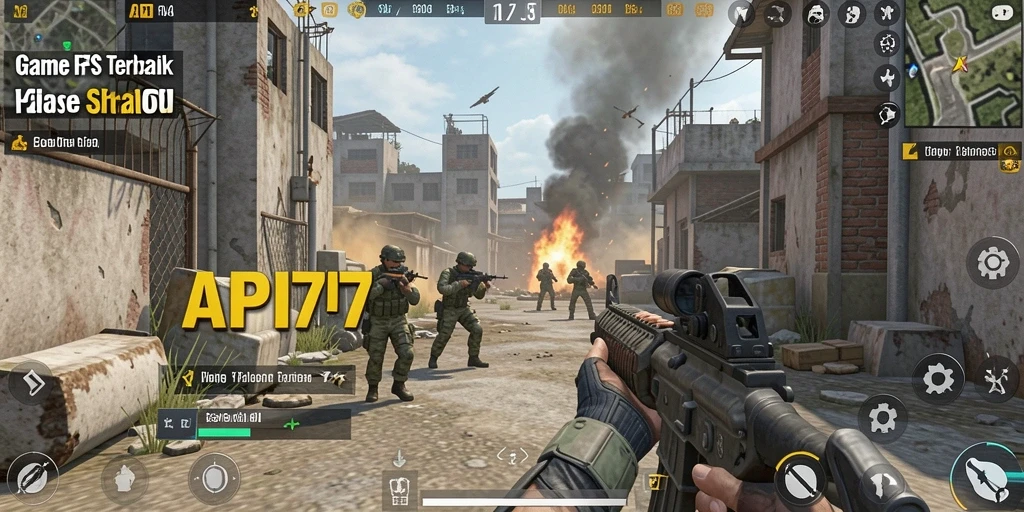 Screenshot utama API77 menampilkan aksi tembak-menembak yang intens dalam gameplay FPS.
