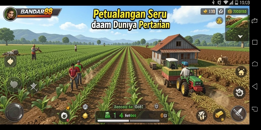 Screenshot gameplay BANDAR88 menunjukkan lahan pertanian yang indah dengan berbagai tanaman.