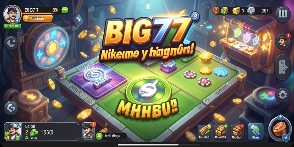 Screenshot gameplay BIG77 menampilkan karakter yang aktif menghasilkan sumber daya dalam game Idle.