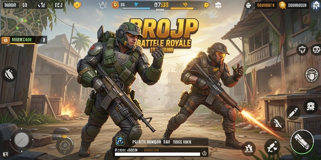 Screenshot gameplay BROJP memperlihatkan pertarungan seru dalam Arena Battle Royale.