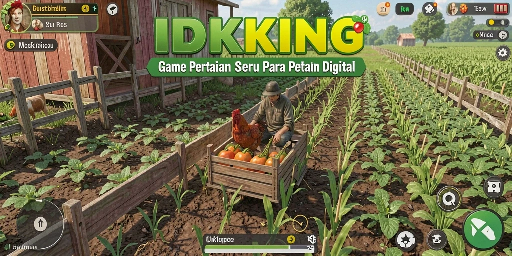 Screenshot utama IDRKING menampilkan ladang yang luas dan aktivitas berkebun.