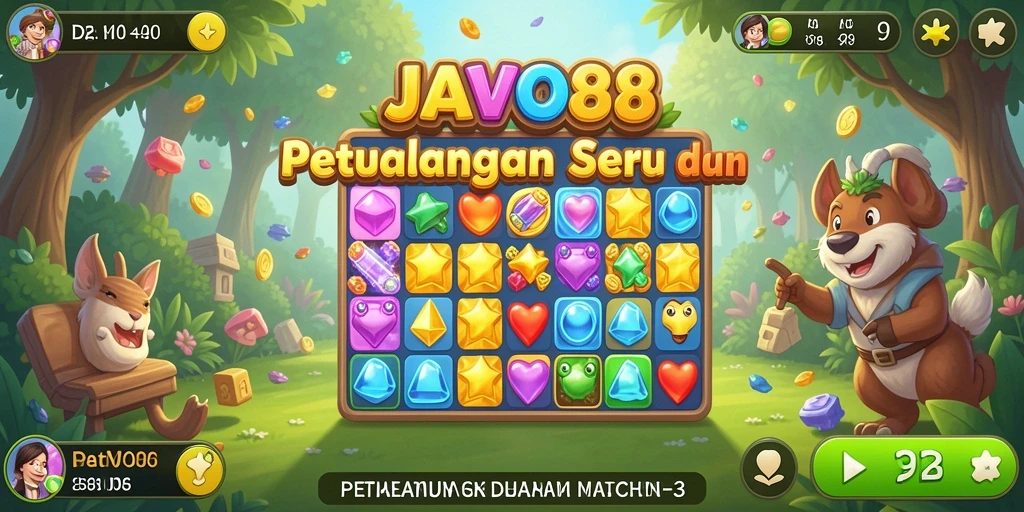 Screenshot utama JAVO88 menampilkan keseruan permainan Match-3 yang penuh warna.