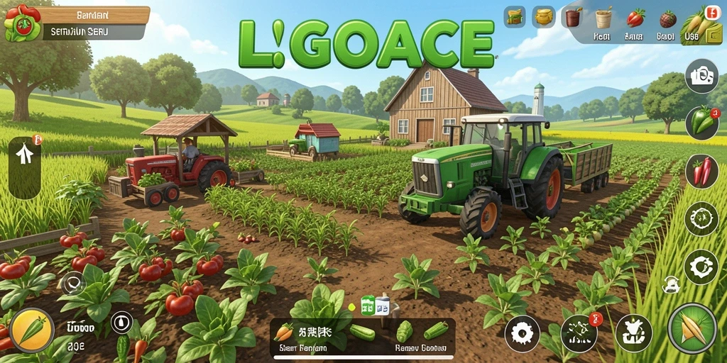 Screenshot gameplay LGOACE menampilkan ladang yang subur dengan berbagai jenis tanaman.