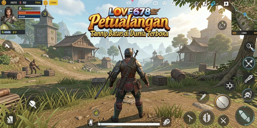 Screenshot utama LOVE678 menunjukkan aksi petualangan di dunia terbuka yang luas.