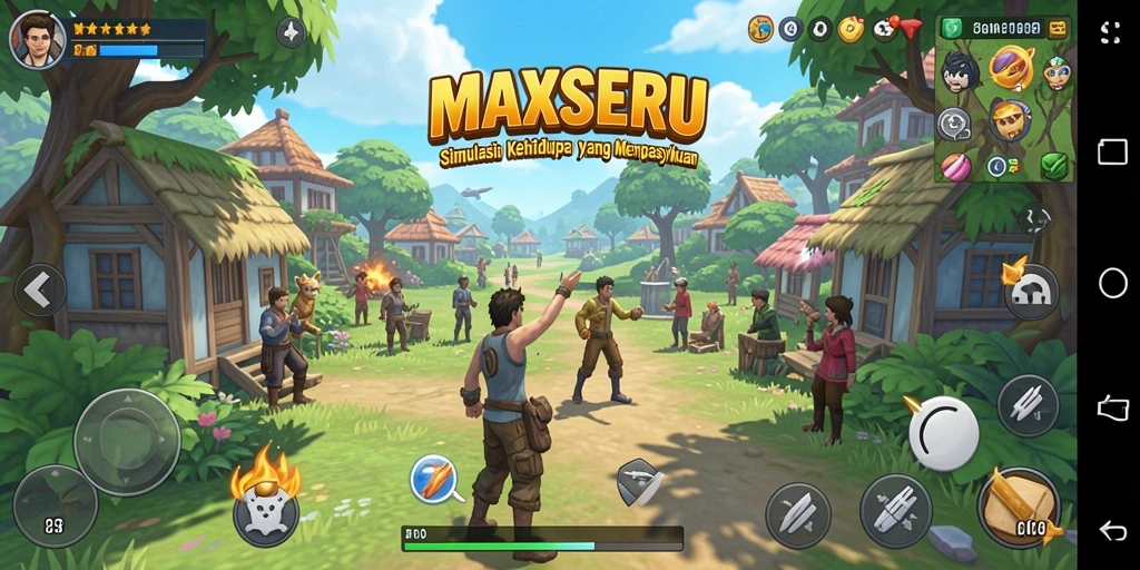 Screenshot gameplay MAXSERU menampilkan karakter yang berinteraksi dalam dunia yang dinamis.