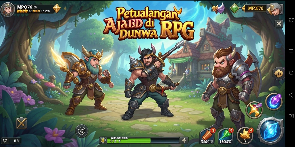 Screenshot gameplay MPO76 menampilkan pertempuran seru di dunia RPG.