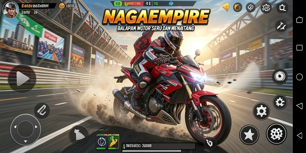 Tampilan gameplay seru dari NAGAEMPIRE saat balapan motor cepat.