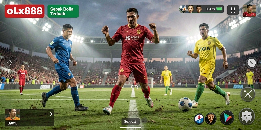 Gameplay OLX888 menampilkan aksi sepak bola yang mendebarkan.