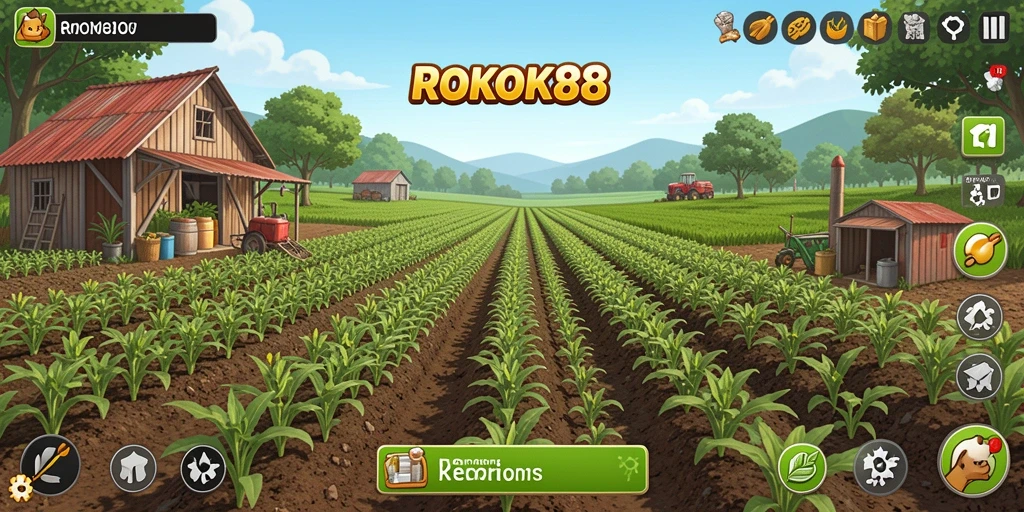 Screenshot gameplay <strong>ROKOK88</strong> menampilkan ladang pertanian yang indah.