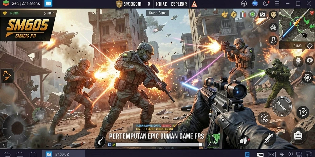 Screenshot SM605 menampilkan aksi intens dalam gameplay FPS yang mendebarkan.